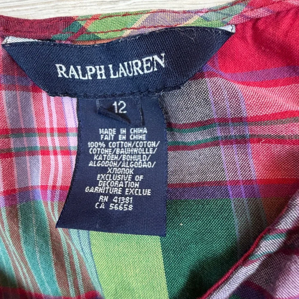 Ralph Lauren‎ Kids Plaid Ruffle Tank Top Dress Size 12 Red Green Cotton Madras